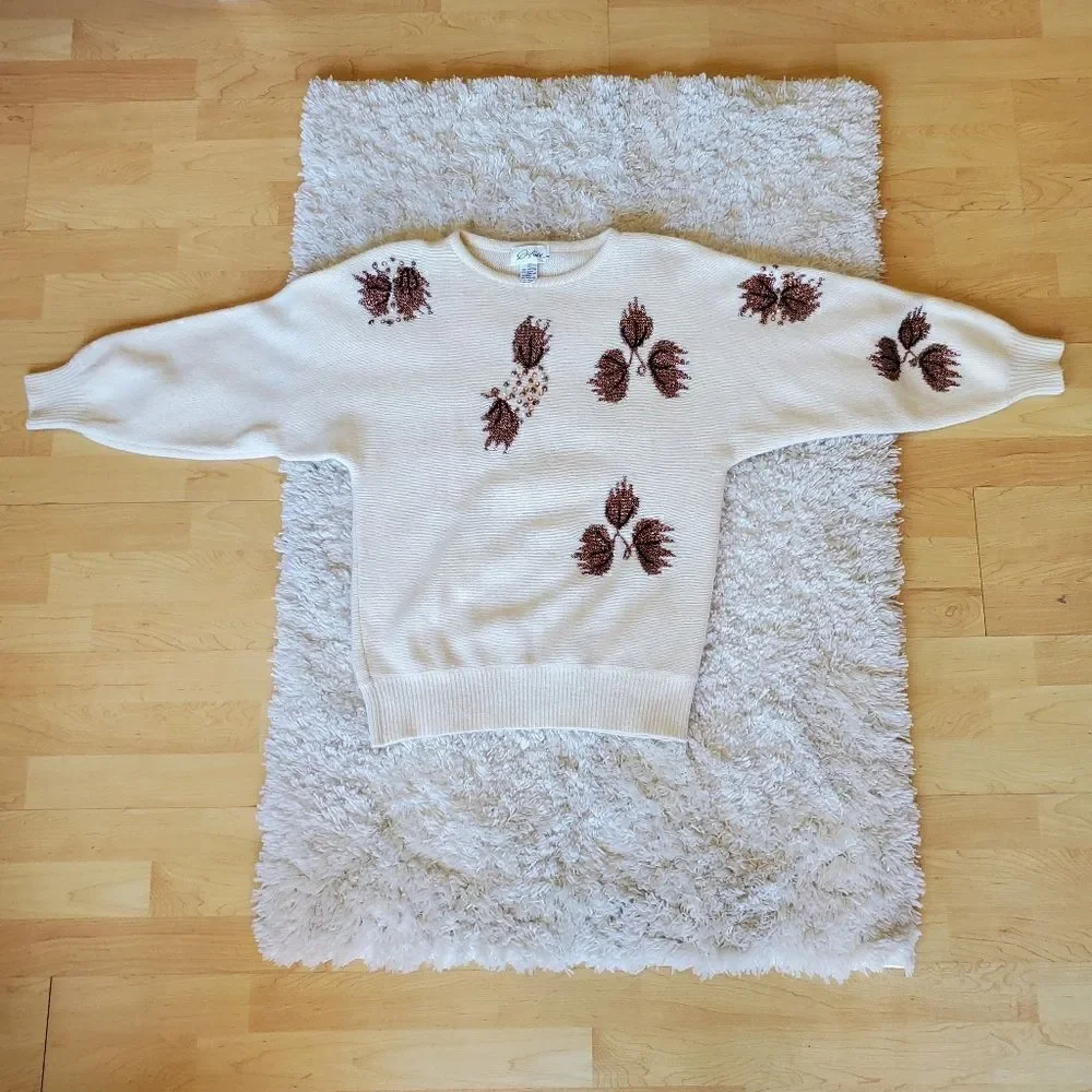 VINTAGE Destiny Women's  Lambswool &‎ Angora Sweater Fall Leaf Embroidered Sz M